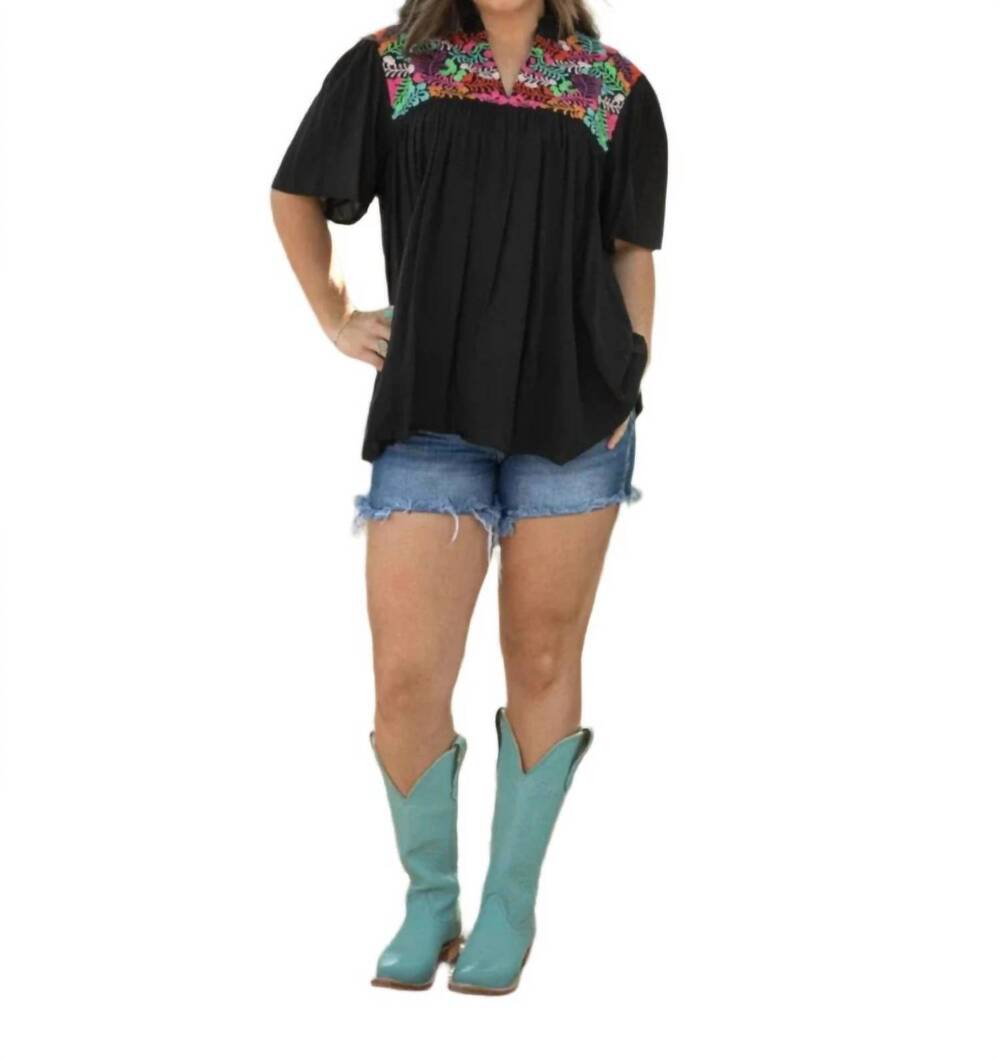 NEW LAYERZ CLOTHING embroidered v-neck top in black